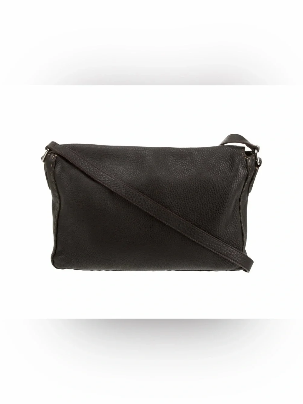 Fendi Dark Brown Pebbled Leather Messenger Bag with Silver Plaque